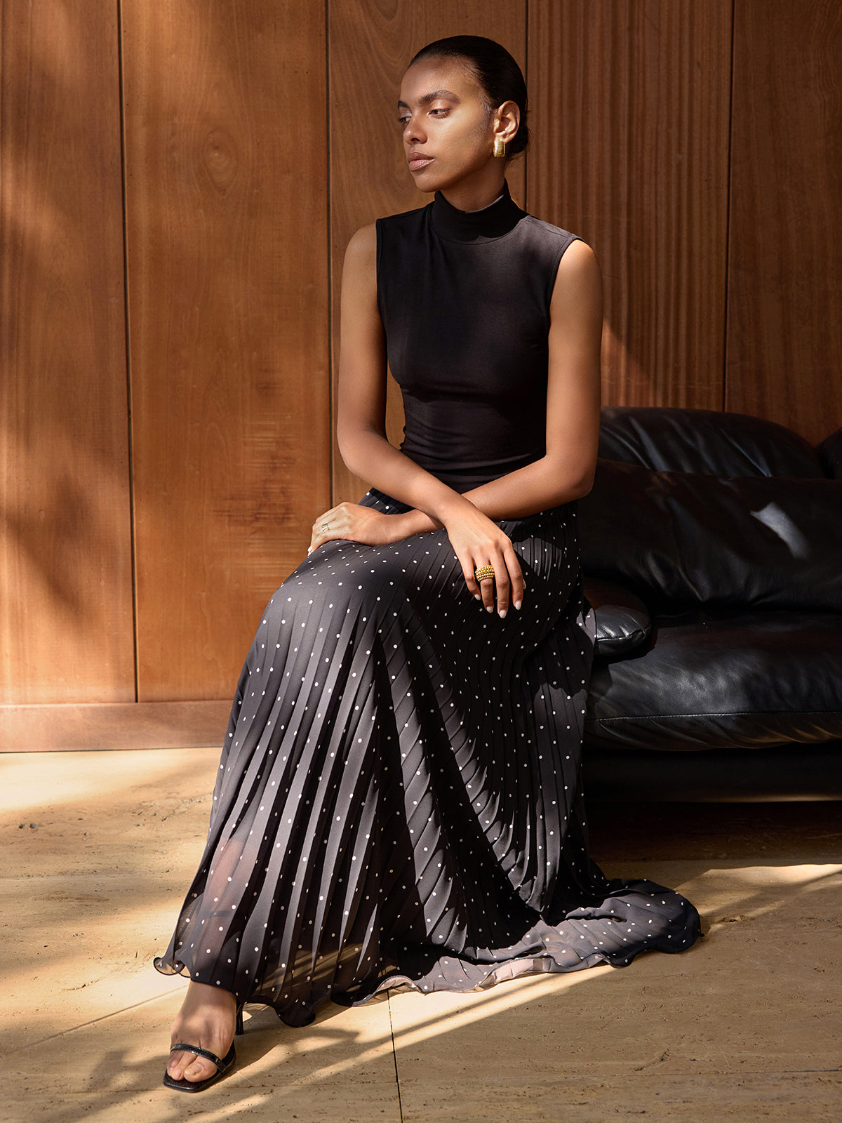 Turtleneck Polka-Dot Pleated Maxi Dress