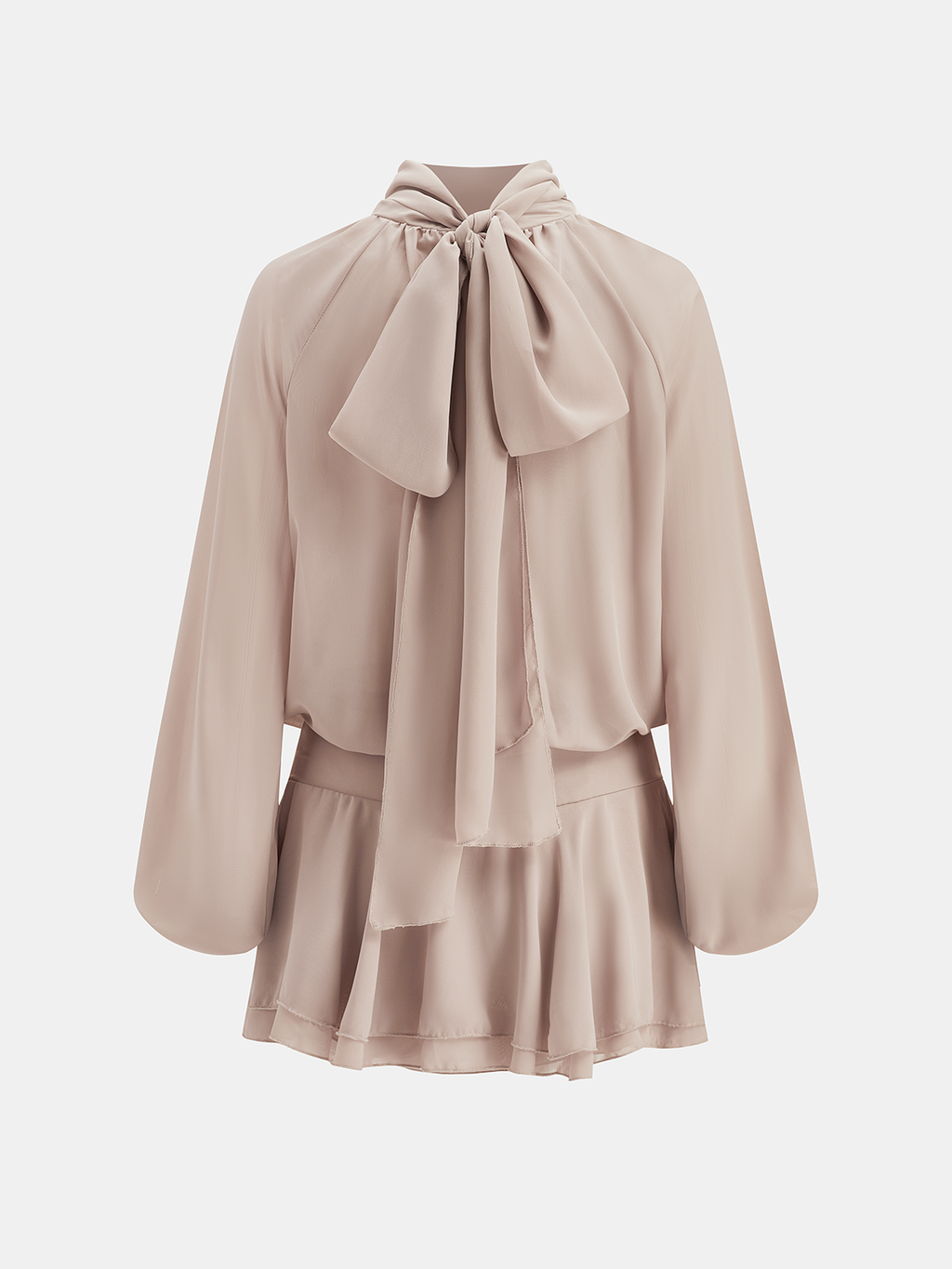 Mini-robe en mousseline de soie à col montant, volants et manches bouffantes