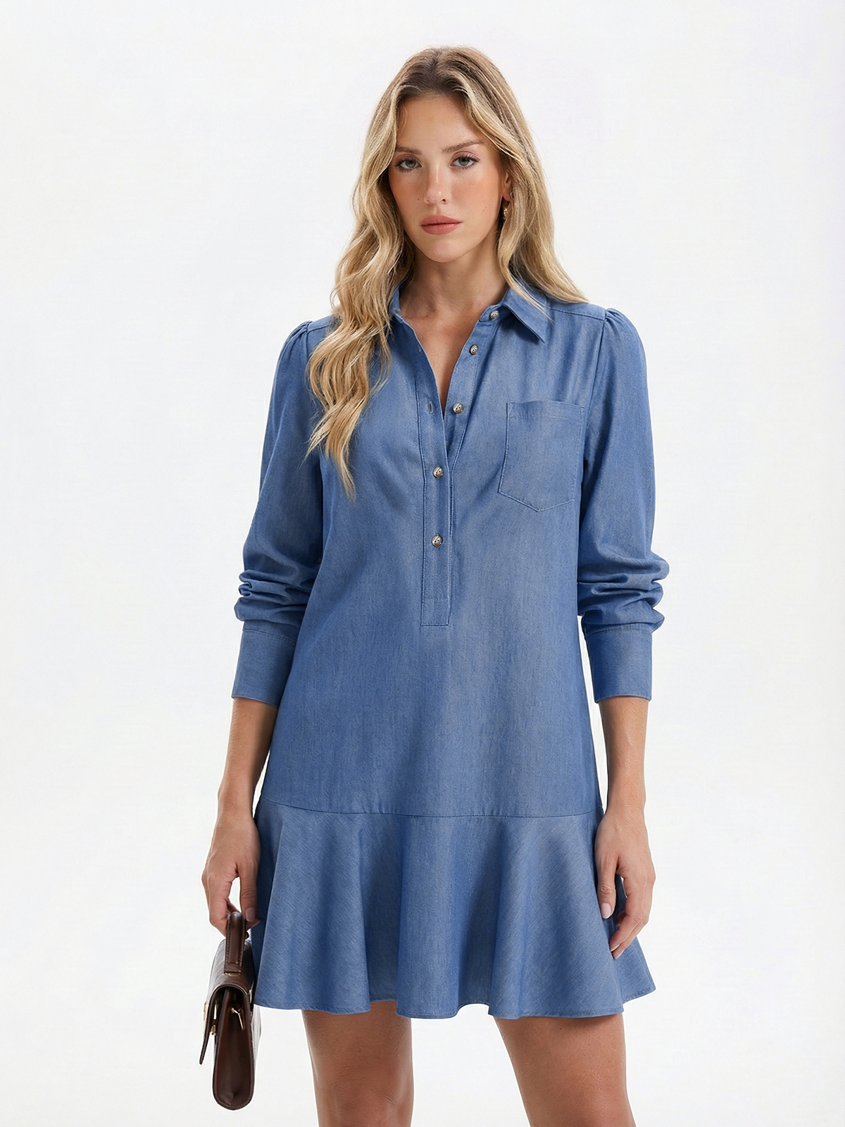 Robe chemise en jean à volants