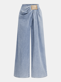 Asymmetrical Ruched Denim Wide-Leg Pants