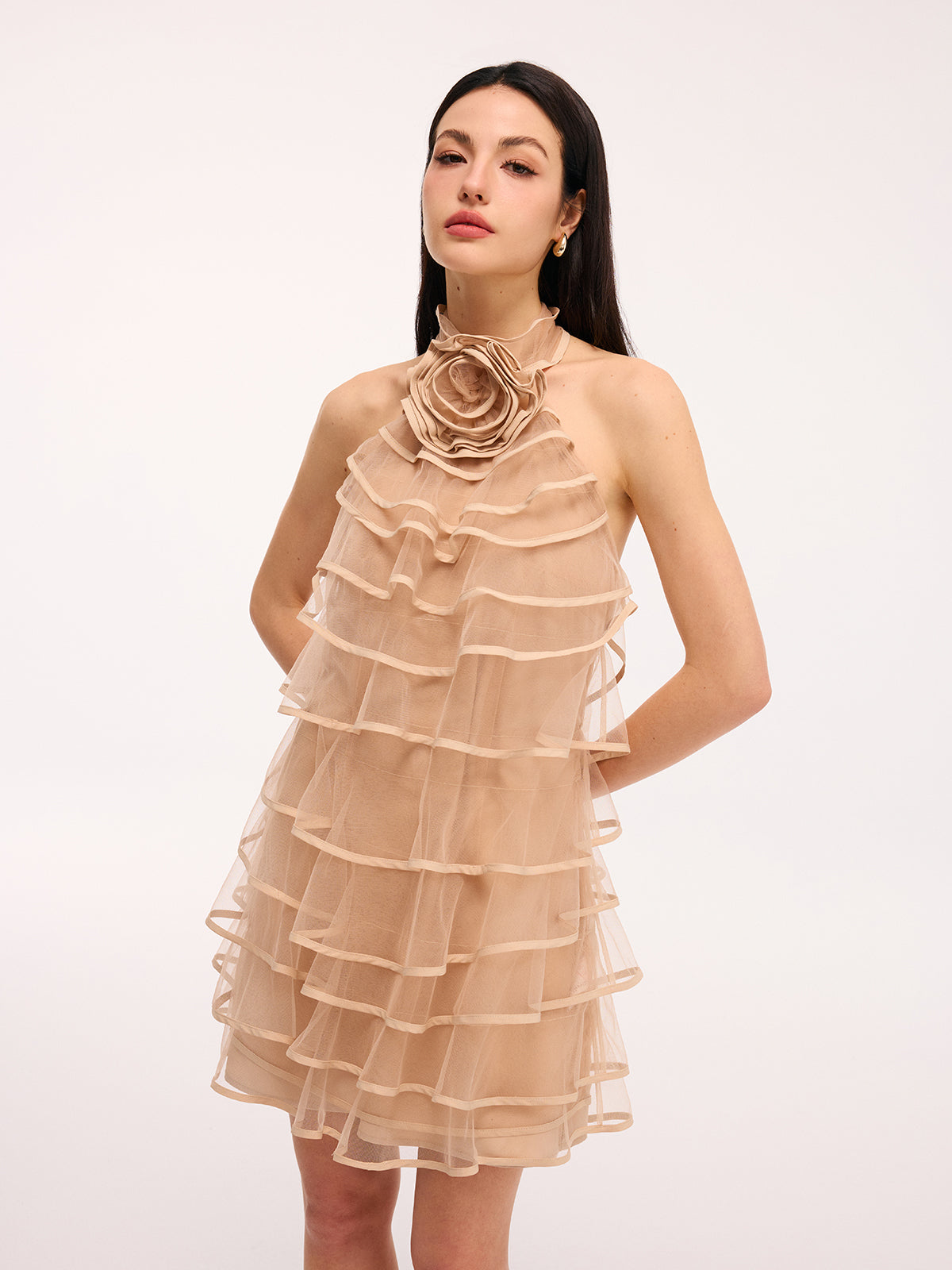 3D-Rosenbesetztes, mehrlagiges Tüll-Rüschen-Neckholder-Minikleid