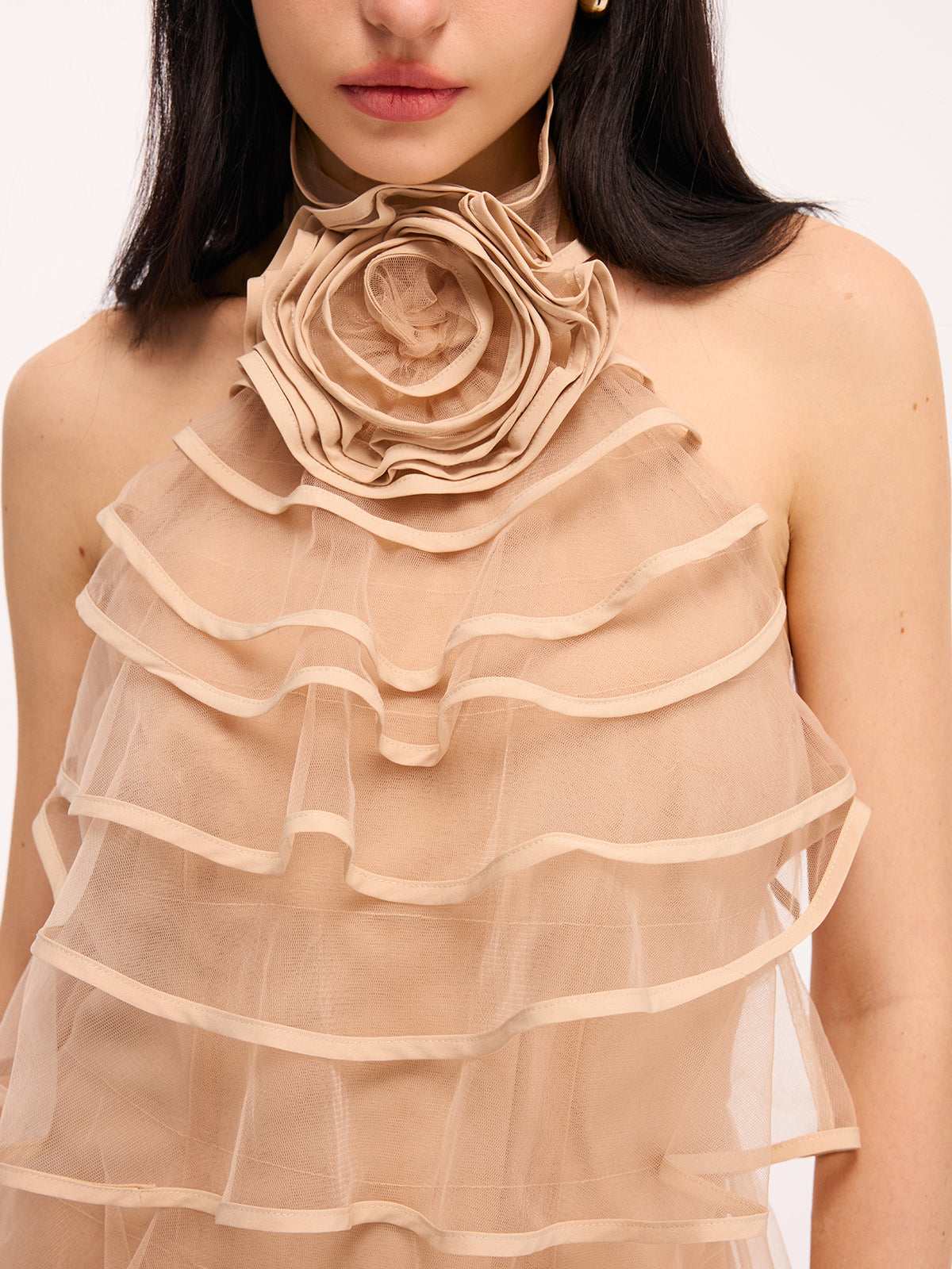 3D-Rosenbesetztes, mehrlagiges Tüll-Rüschen-Neckholder-Minikleid