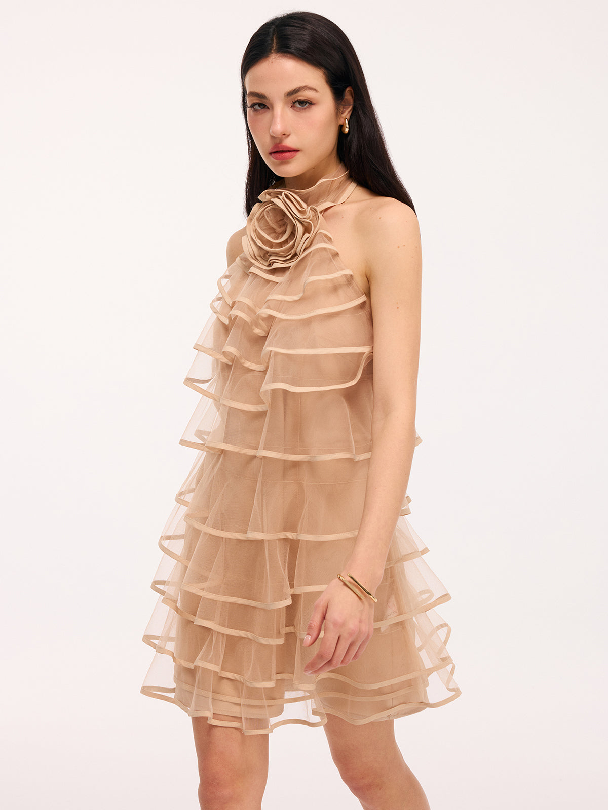 3D-Rosenbesetztes, mehrlagiges Tüll-Rüschen-Neckholder-Minikleid