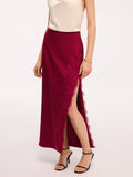 Satin-Maxirock mit seitlichem Schlitz und Spitzenbesatz