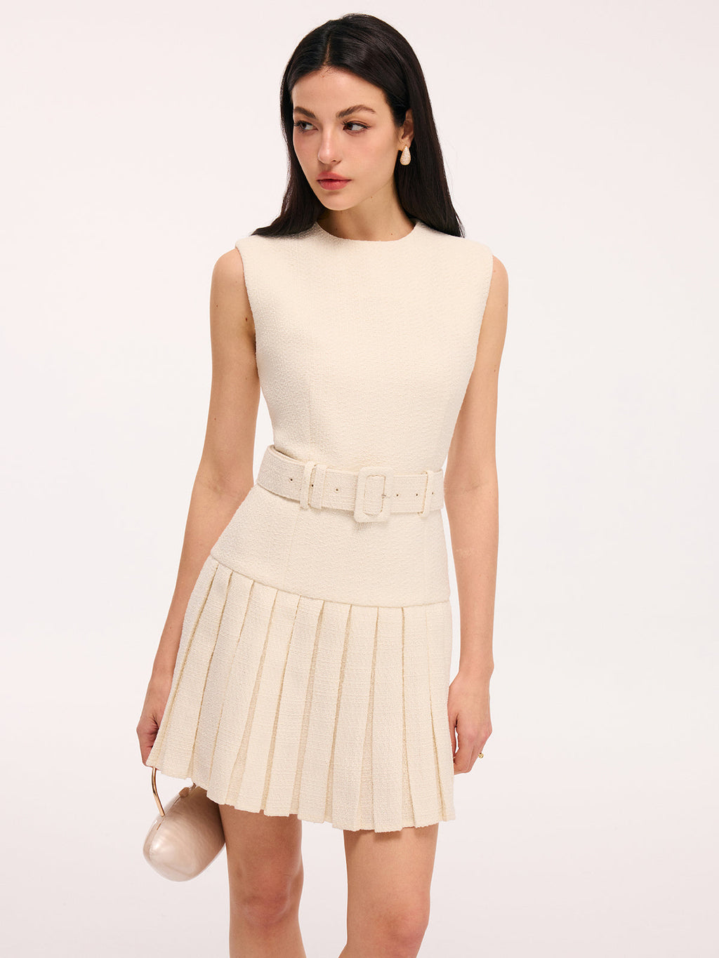 Gürtel-Tweed-Ärmelloses Falten-Minikleid
