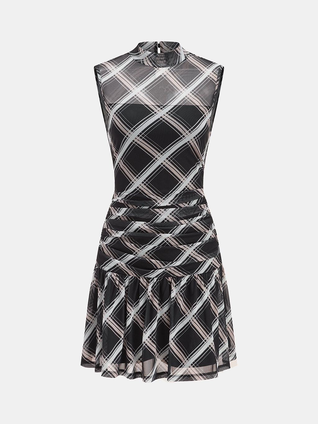 Kurzes, transparentes Mini-Kleid mit Rüschen, Stehkragen und Karomuster