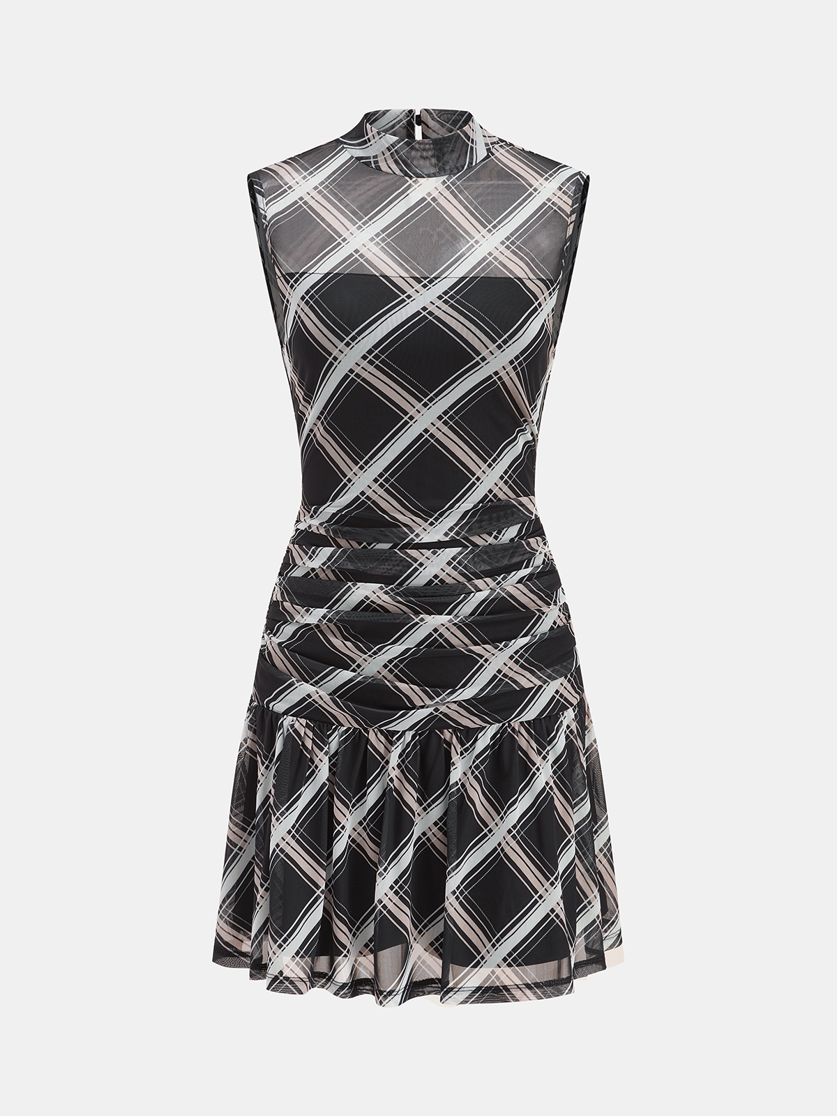 Kurzes, transparentes Mini-Kleid mit Rüschen, Stehkragen und Karomuster