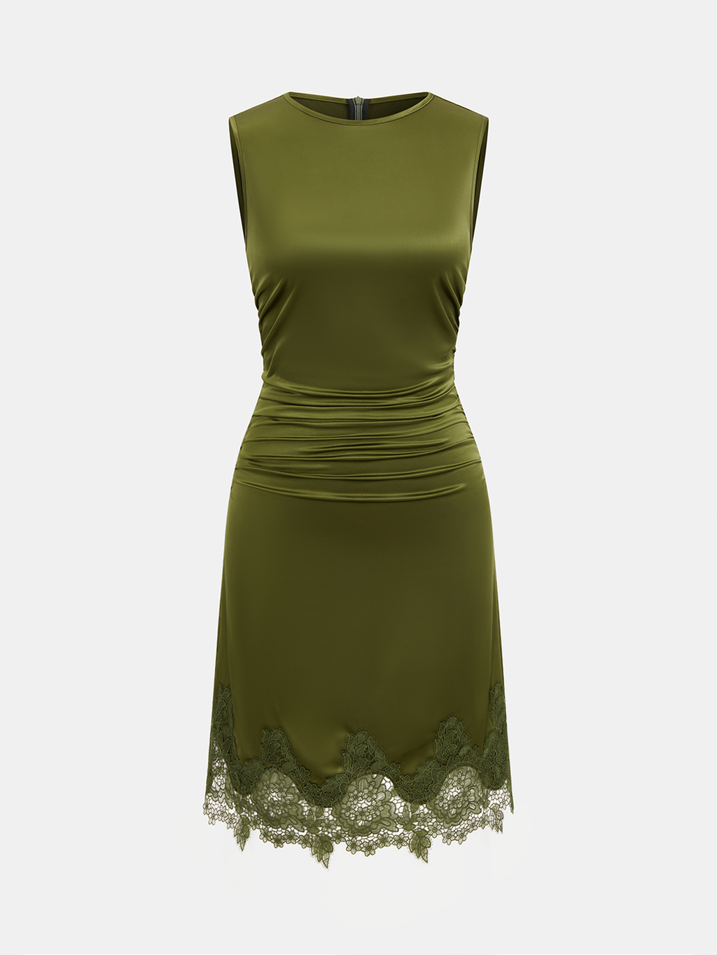 Robe Courte Sans Manches Froncée à Ourlet en Dentelle et Satin