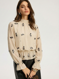 Paillettenbluse mit Blumenmuster, Stehkragen und gesmokter Taille