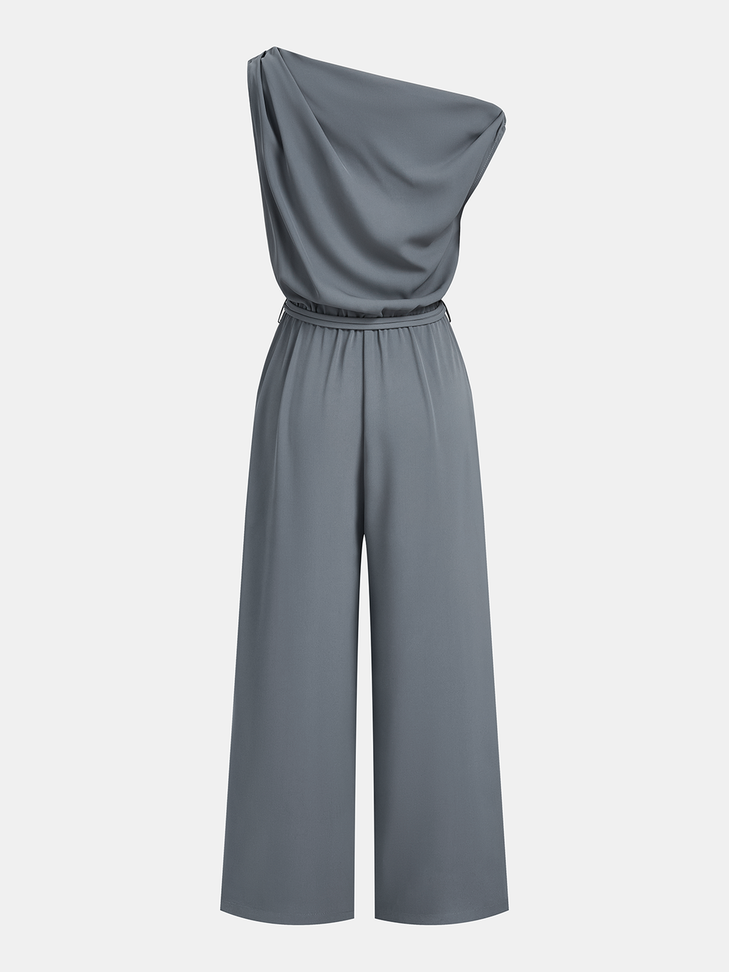 Einteiliger, drapierter Jumpsuit mit Gürtel und One-Shoulder-Träger