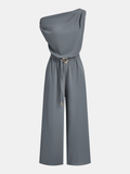 Einteiliger, drapierter Jumpsuit mit Gürtel und One-Shoulder-Träger