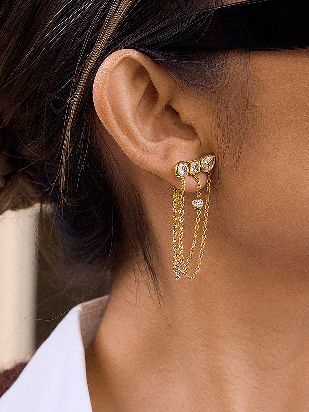 Boucles d'oreilles clous grappe pendantes à chaînes multi-pierres