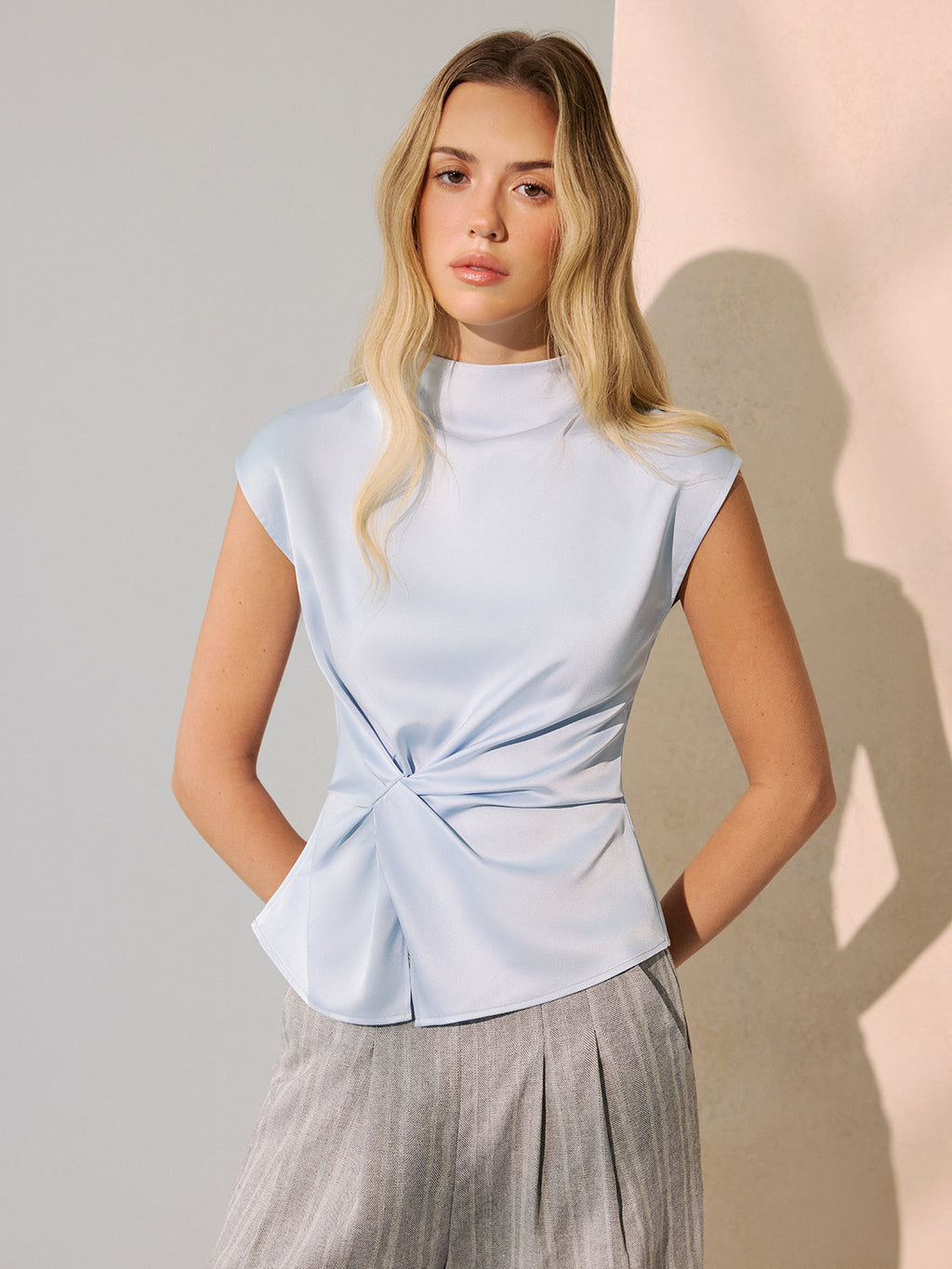 Twist-Front Satin Mock Neck Sleeveless Top