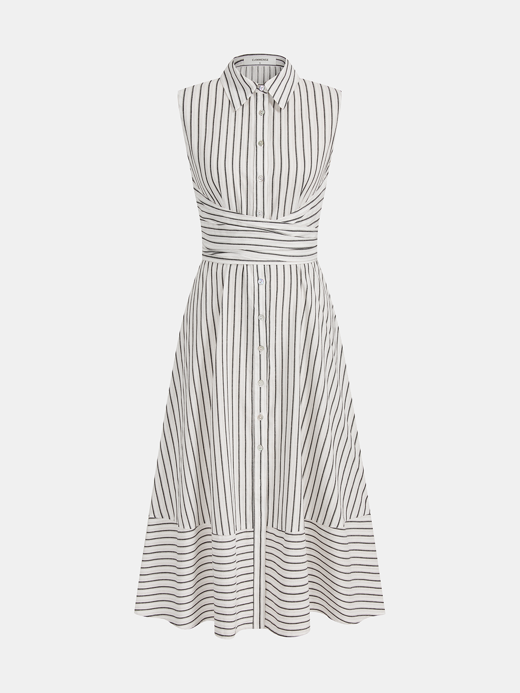 Robe midi sans manches rayée à col et ceinture à nouer