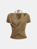 Neckholder-Wickel-Strick-Top mit kurzen Ärmeln