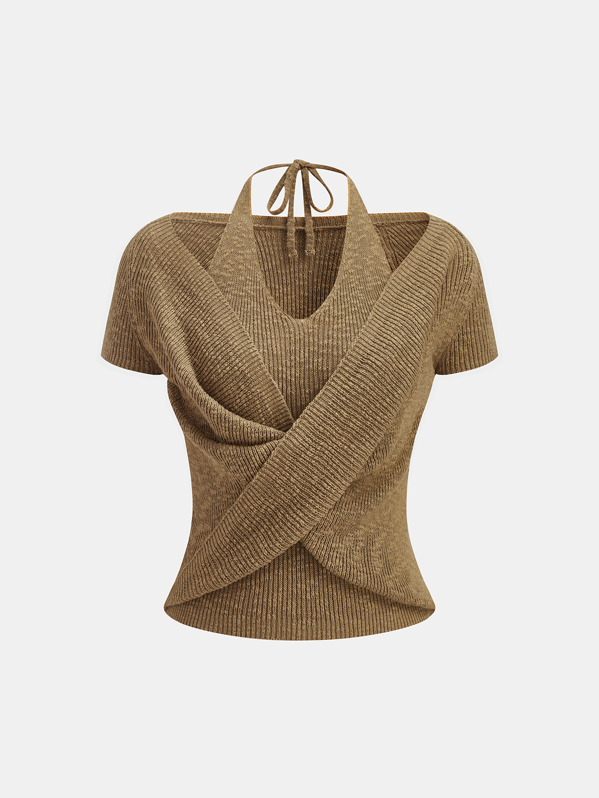 Neckholder-Wickel-Strick-Top mit kurzen Ärmeln