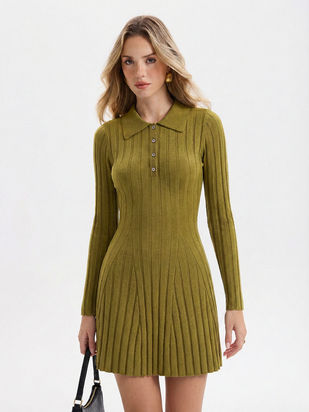 Mini-robe polo en maille côtelée mélangée de laine