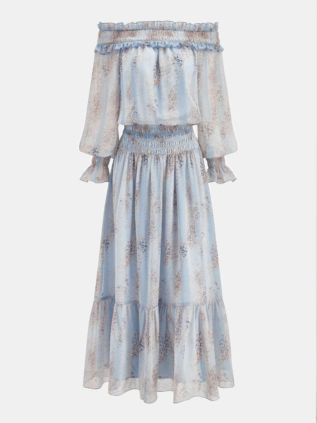 Off-Shoulder Maxi-Kleid mit Rüschen und Blumenmuster