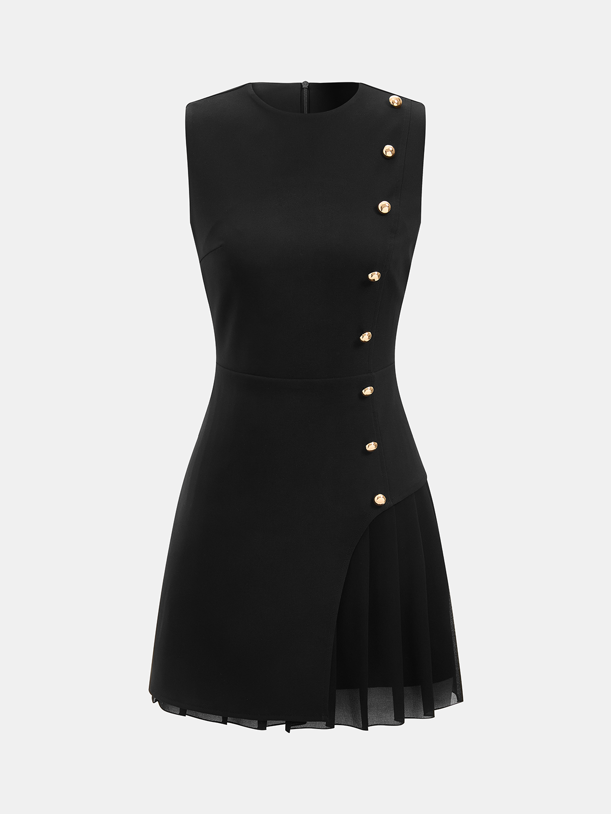 Robe courte sans manches à ourlet plissé et détails boutonnés