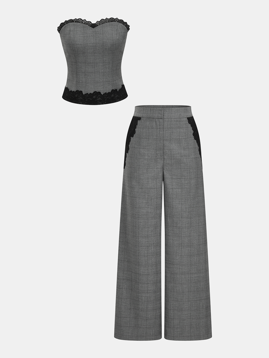 Plaid Lace Trim Strapless Top & Pants Set