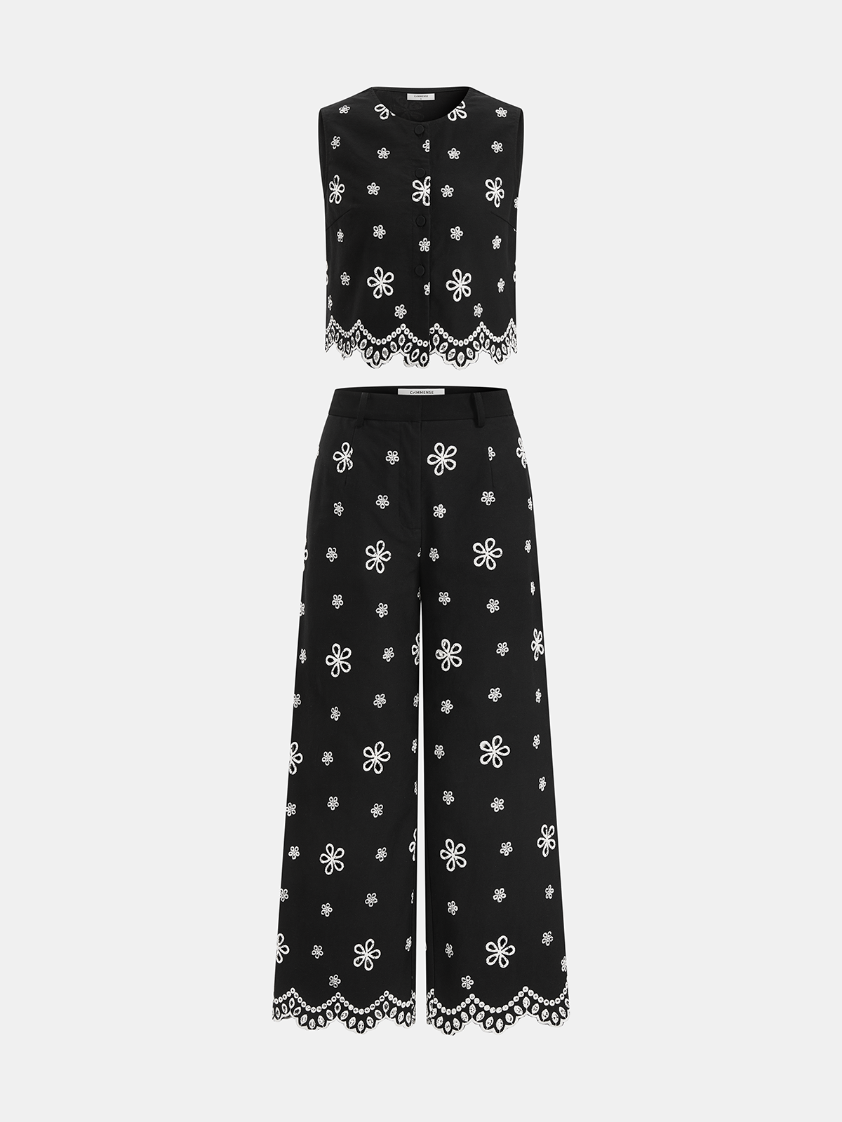 Ensemble haut et pantalon en coton brodé floral
