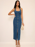 Robe longue en jean à licou boutonnée sur le devant
