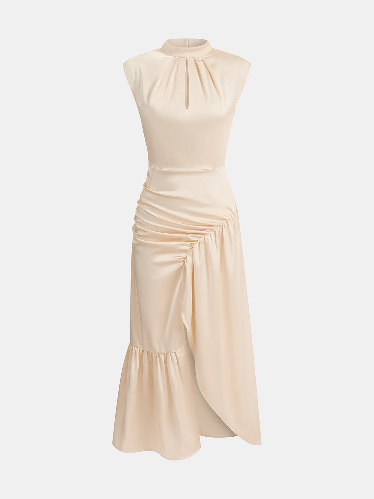 Ärmelloses Midikleid aus Satin mit Raffung und Schlitz