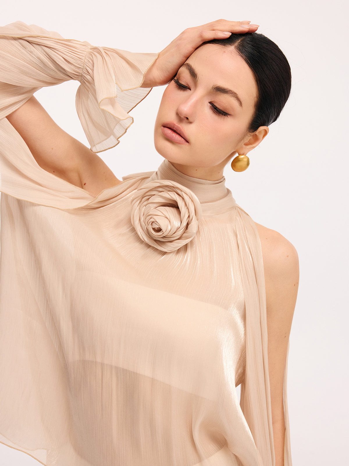 3D Rosen Neckholder-Bluse mit Glockenärmeln und transparentem Stoff