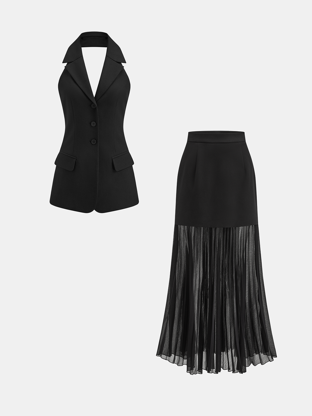 Gilet blazer sans manches et jupe longue plissée transparente