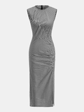 Robe longue sans manches en coton vichy froncé avec fente