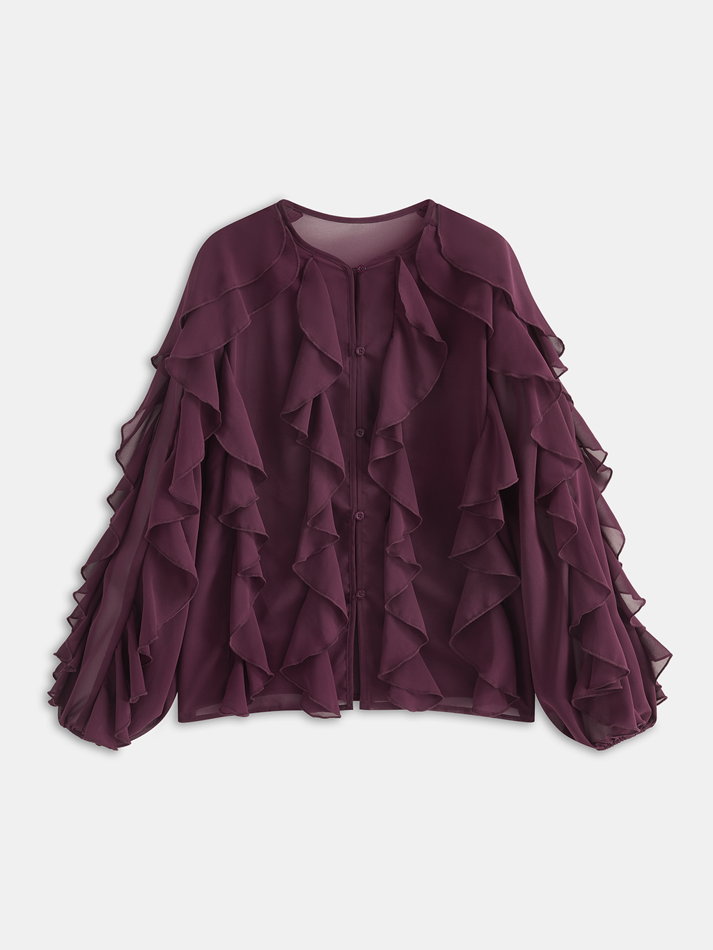 Halbtransparente Chiffon-Langarmbluse mit Rüschen