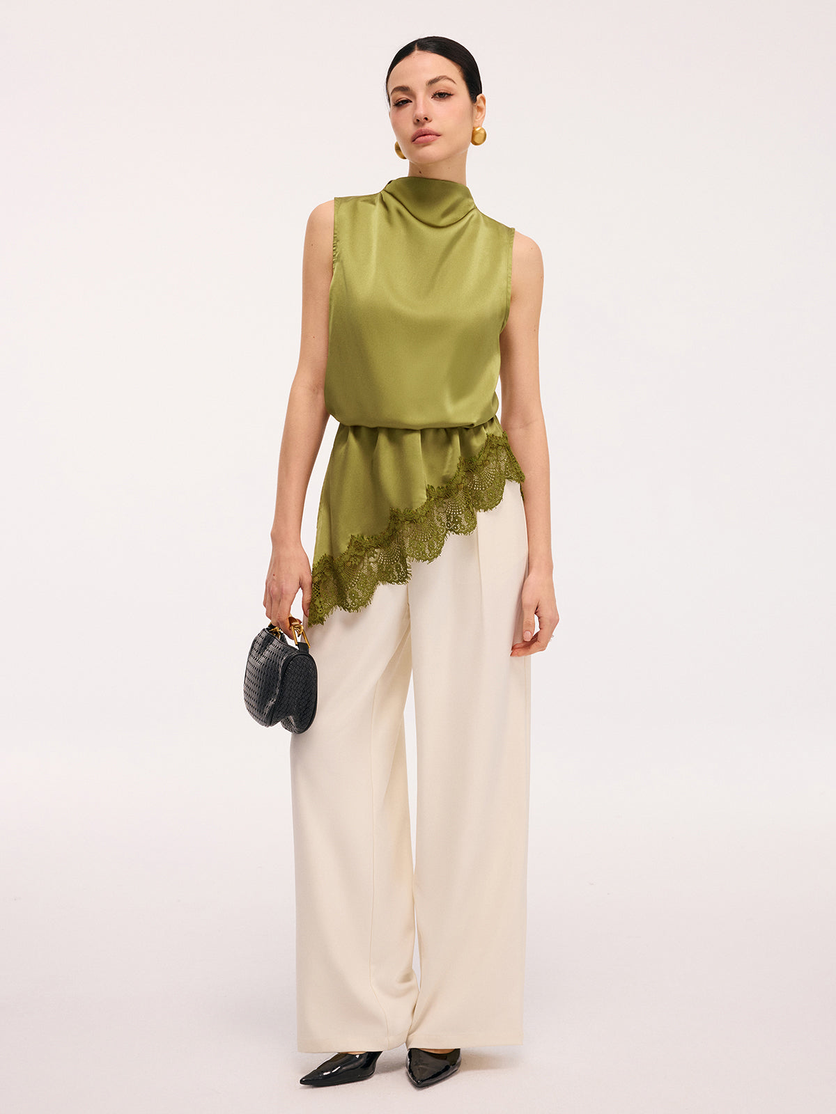 Satin-Tanktop mit Spitzenbesatz