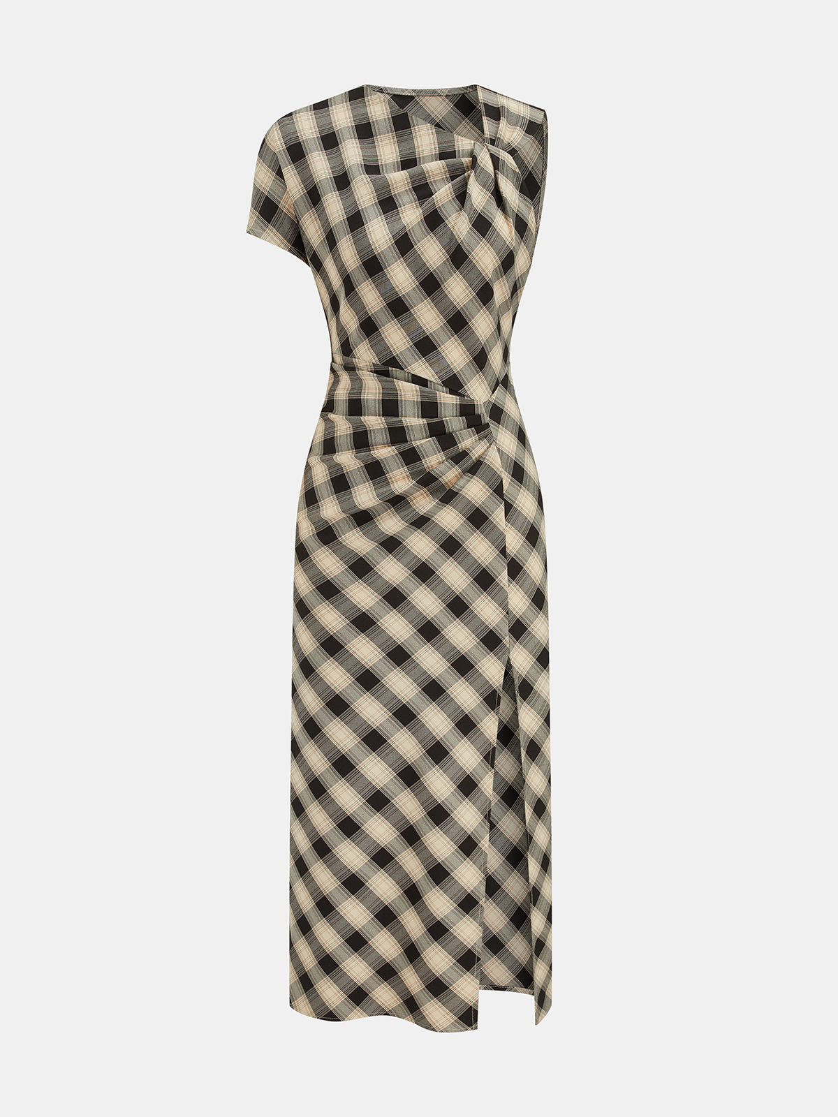 Kariertes asymmetrisches Maxikleid mit Schlitz