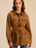 Faux Leather Panel Belted Suede Effect Jacket