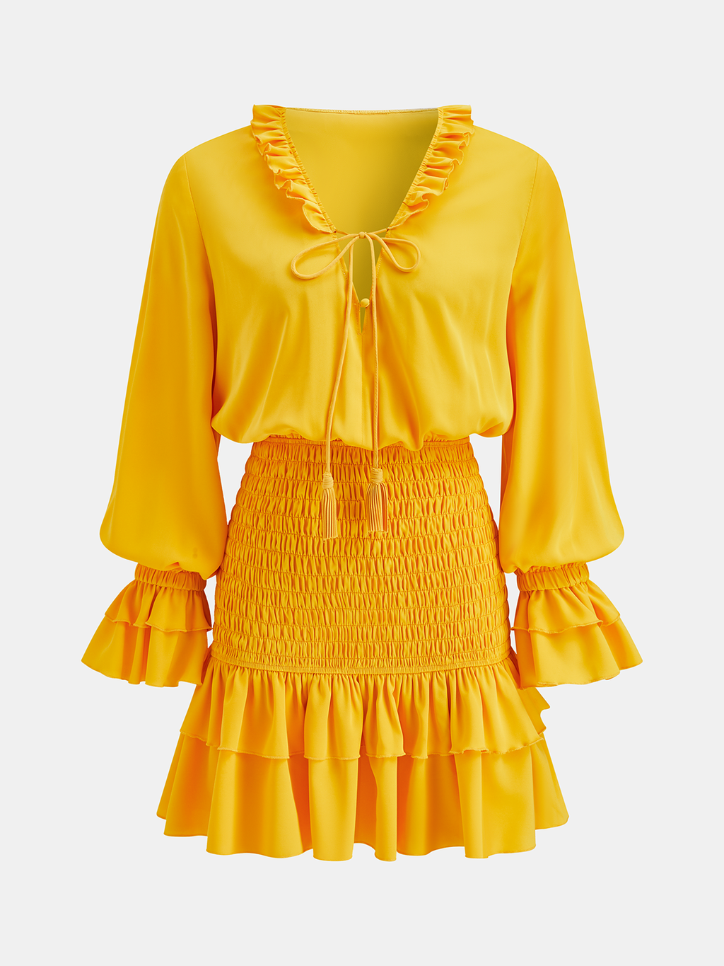 Rüschenkleid mit Stehkragen, gesmoktem Oberteil und Stufenrock