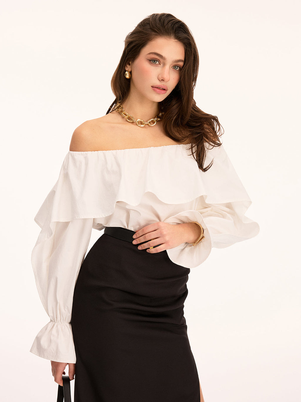 Off Shoulder Ruffled Cotton Long Sleeve Blouse