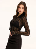 Sheer Lace Long Sleeve Cropped Blouse