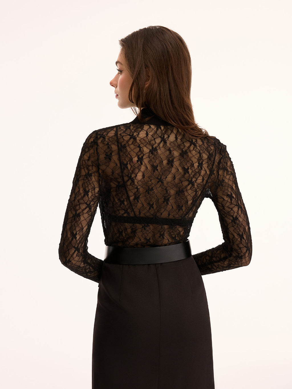 Sheer Lace Long Sleeve Cropped Blouse