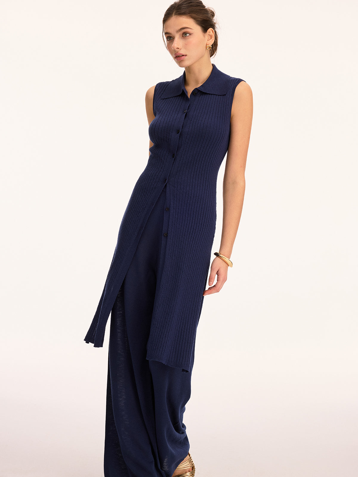 Ärmelloses Stricktunika-Top und Hose Set