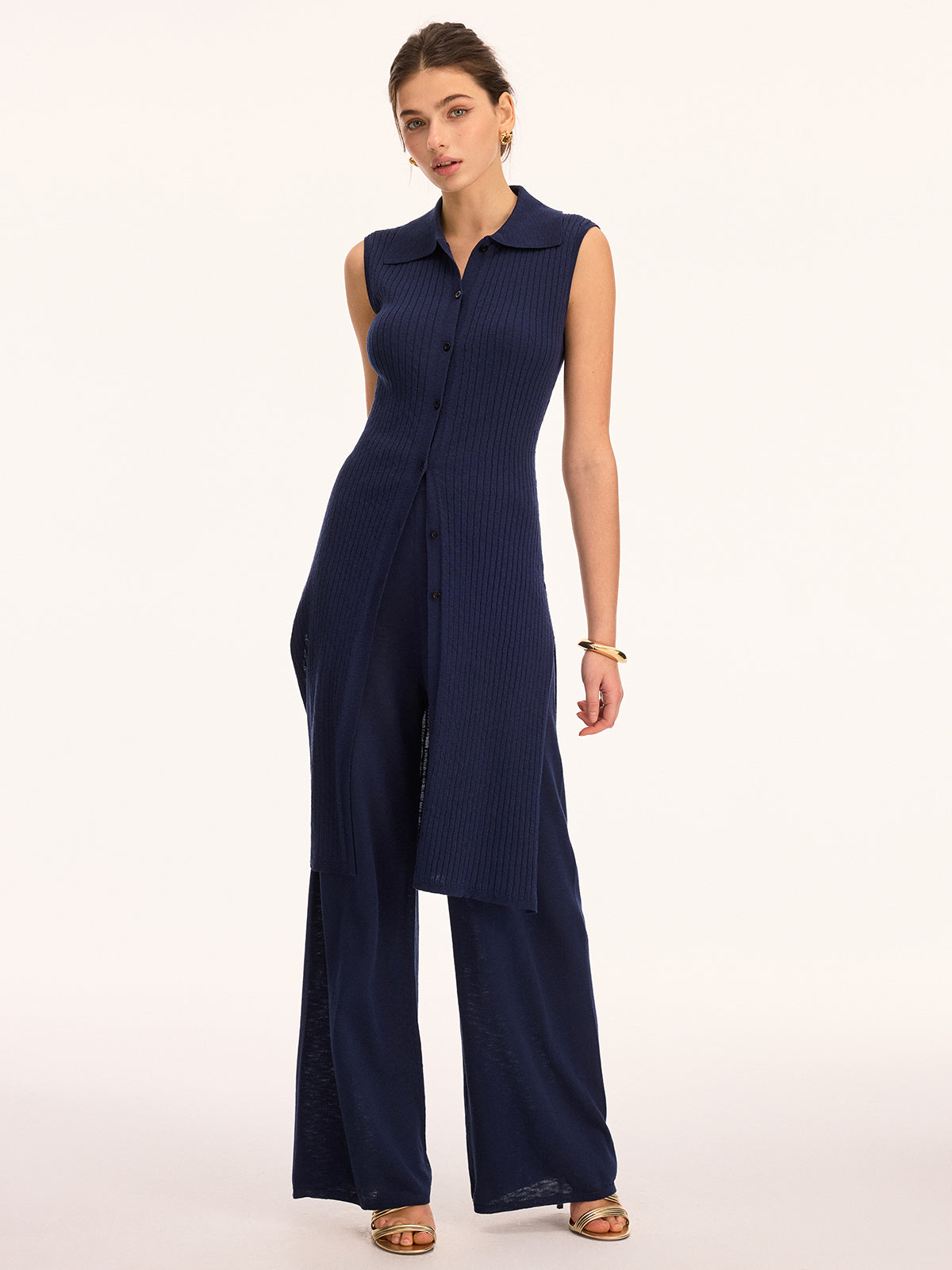 Ärmelloses Stricktunika-Top und Hose Set