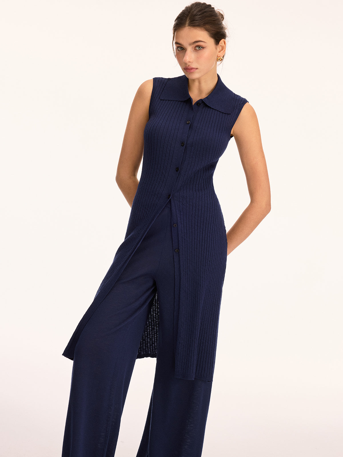 Ärmelloses Stricktunika-Top und Hose Set