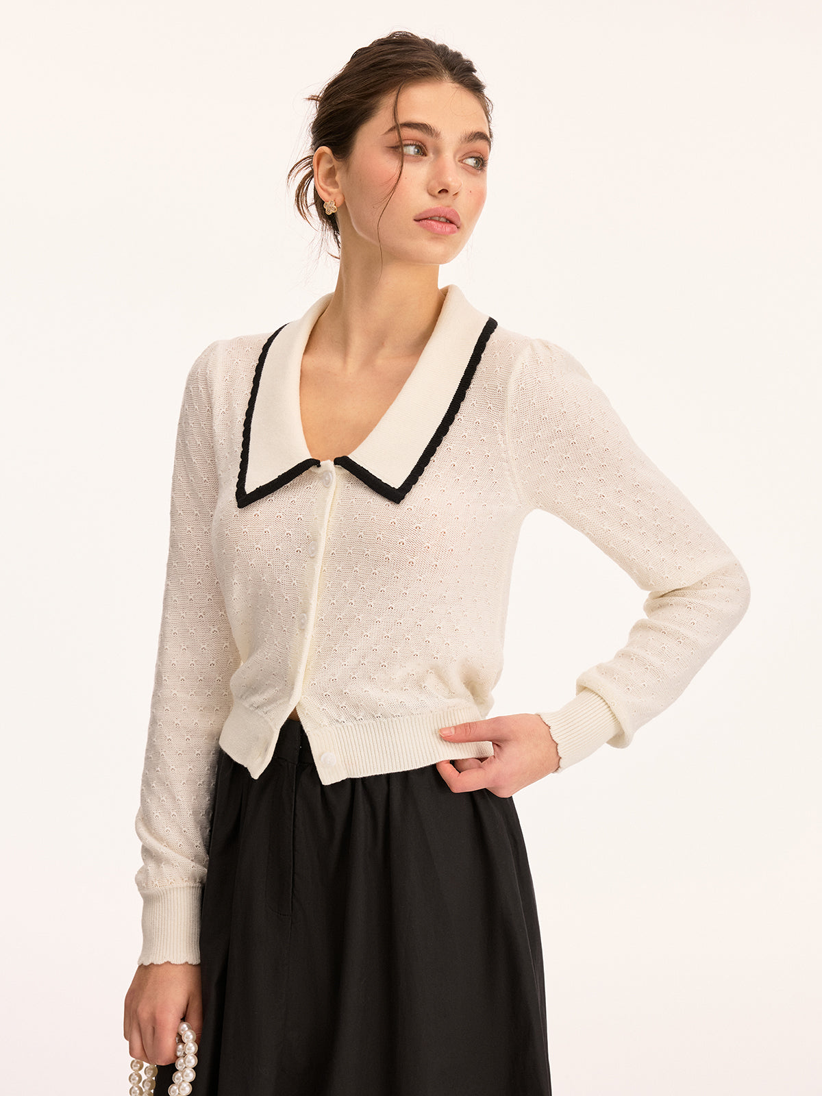 Gilet en maille ajourée à col en mélange de laine