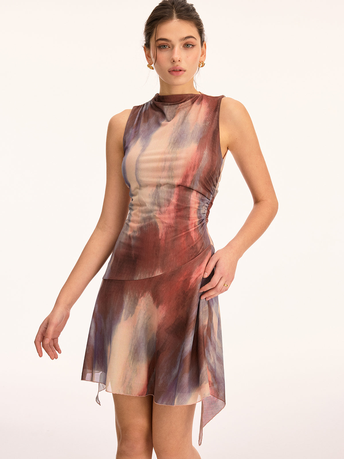 Tie Dye Ruched Sleeveless Midi Dress
