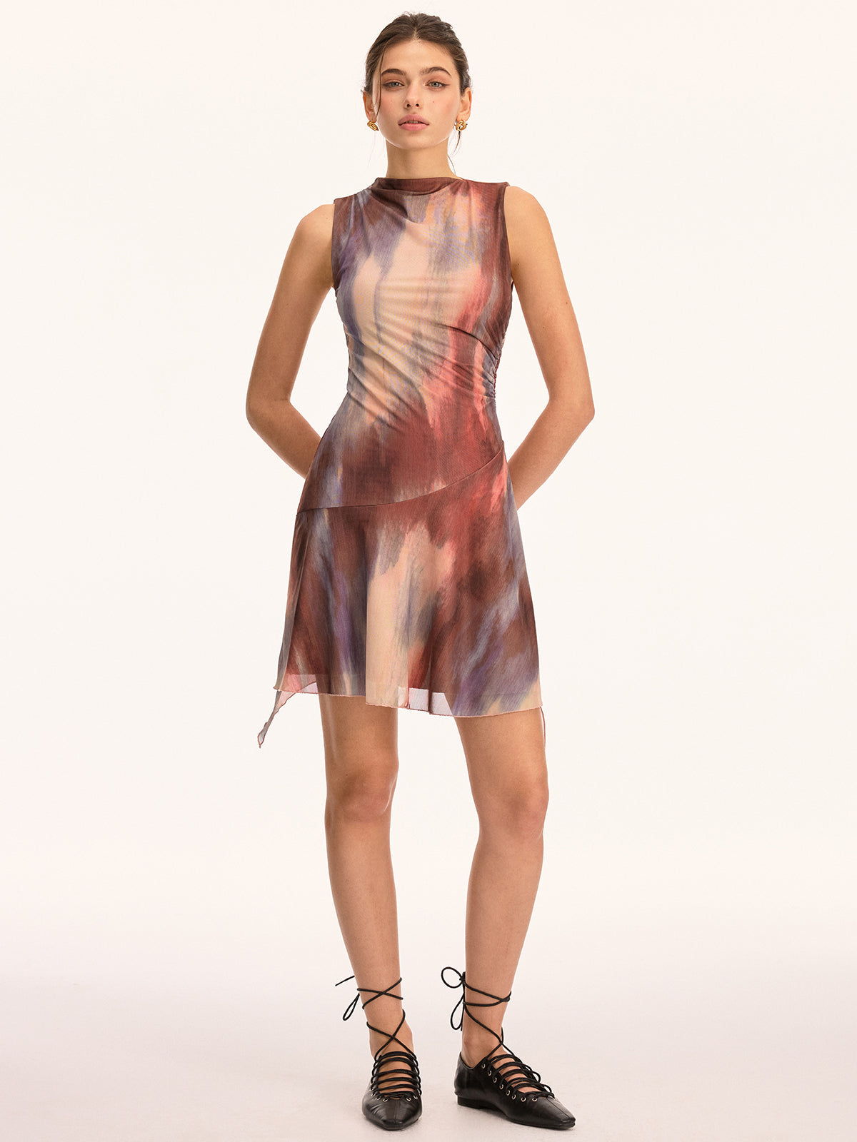 Tie Dye Ruched Sleeveless Midi Dress