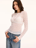 Sheer Openwork Knit Long Sleeve Henley Top
