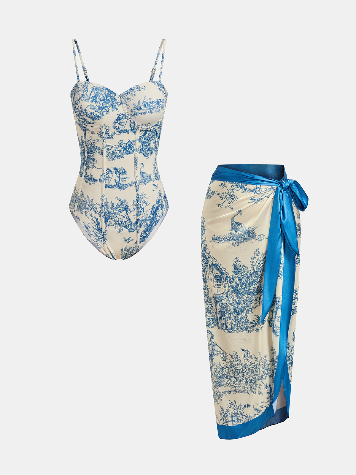 Badeanzug & Wickelrock-Set mit Toile-Muster