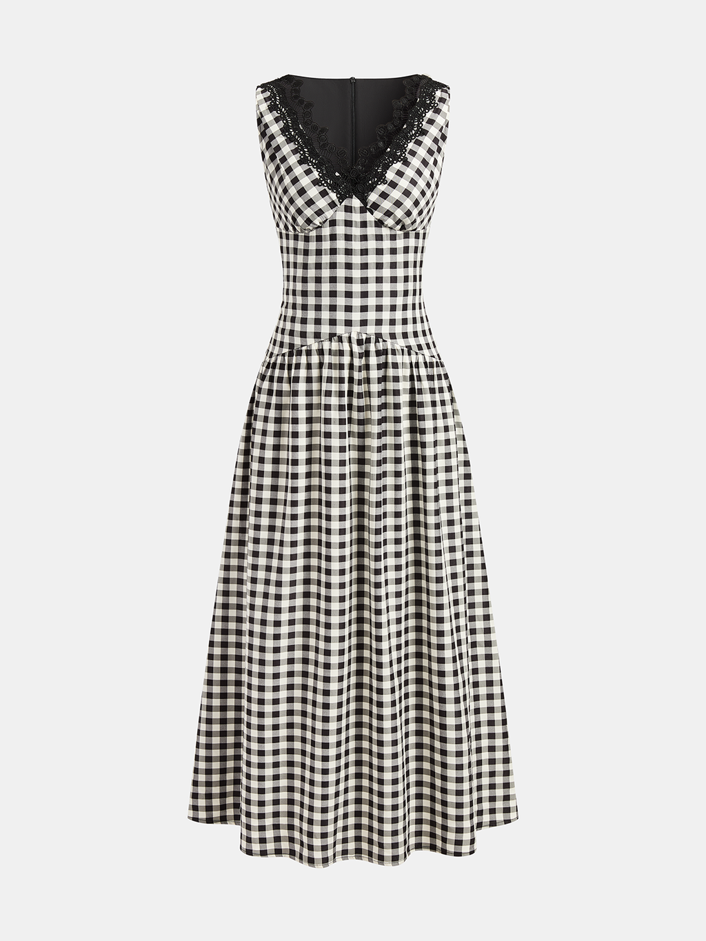 Robe longue vichy sans manches à bordure en dentelle