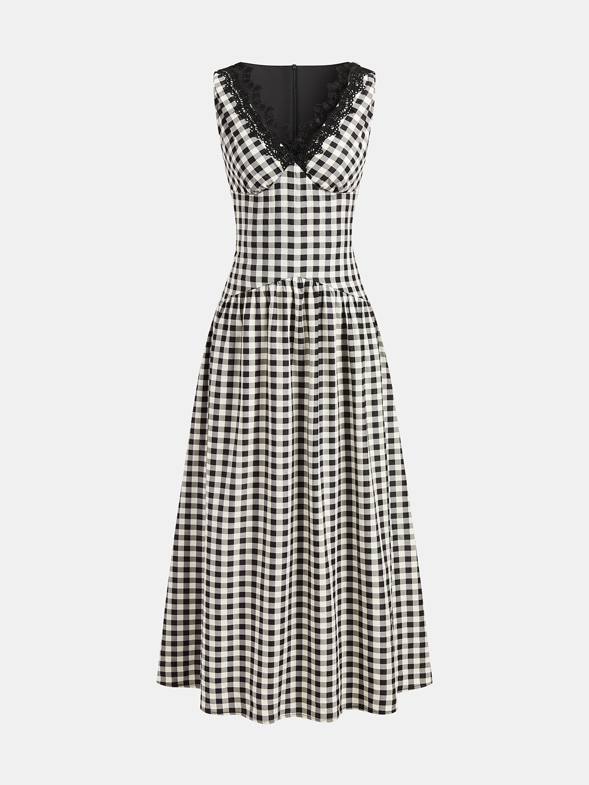 Ärmelloses Maxi-Kleid aus Gingham mit Spitze