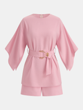 Belted Wide Sleeve Top & Shorts Set