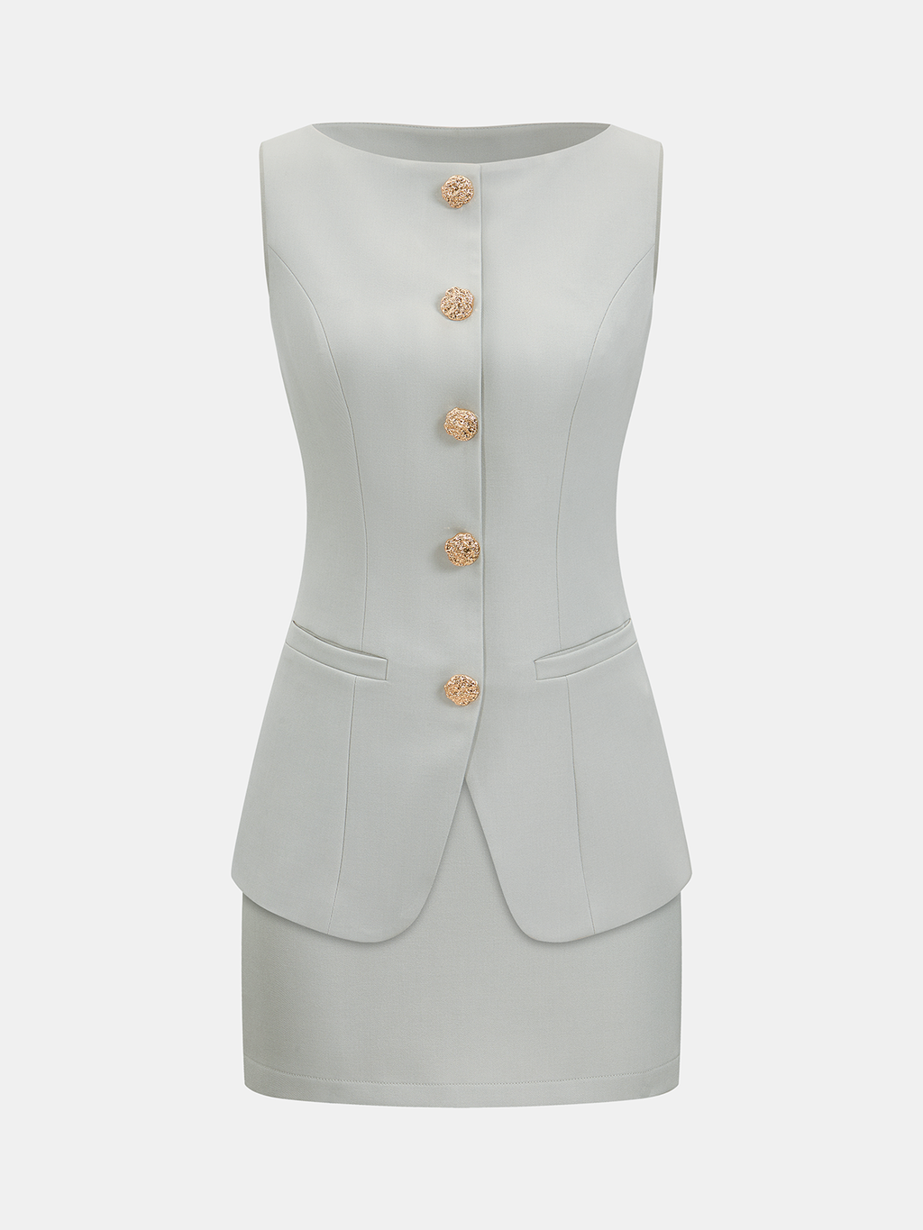Metal Button Sleeveless Vest & Mini Skirt Set